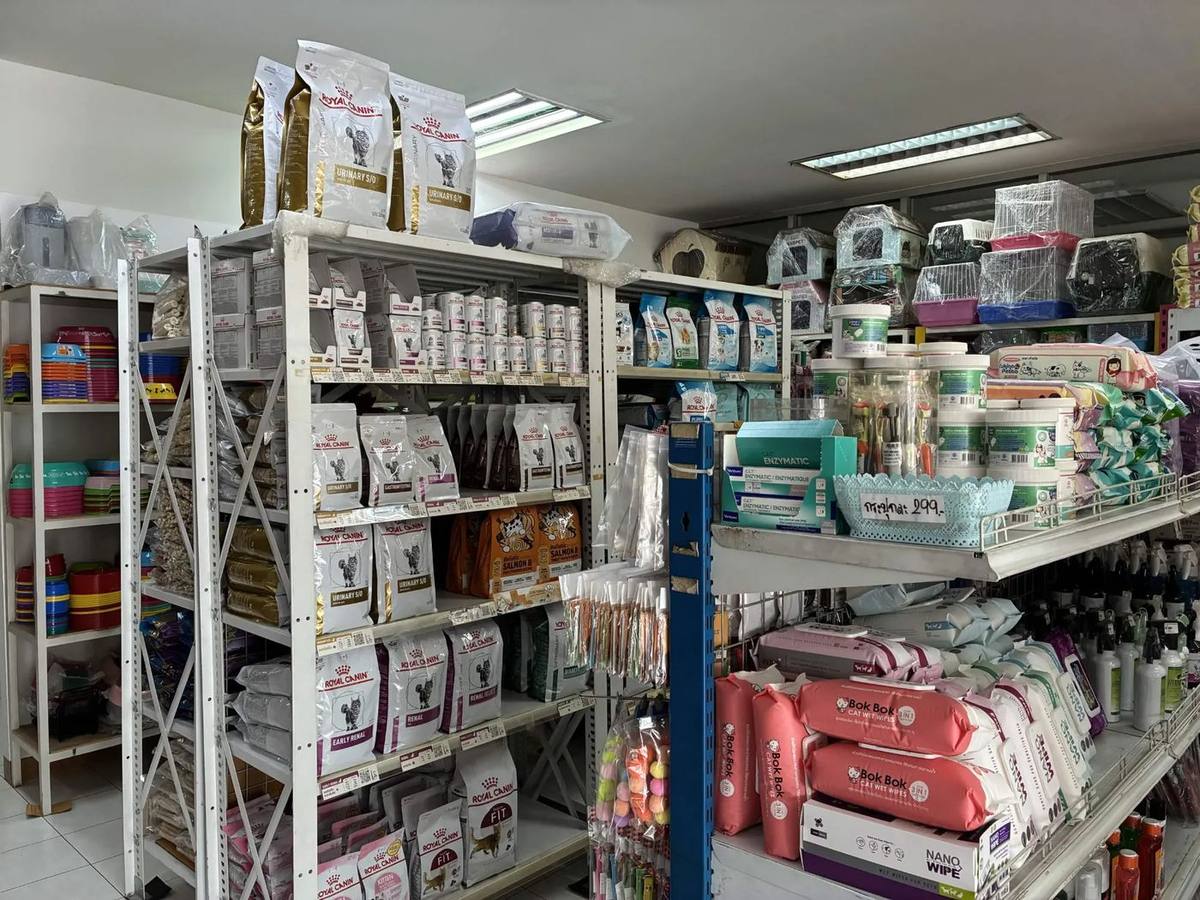 ชั้นวางสินค้าในเพ็ทช็อป เอเชียเพ็ท นครสวรรค์ — อาหาร Royal Canin สูตรเฉพาะโรค ชามอาหาร กรง และของใช้สัตว์เลี้ยง